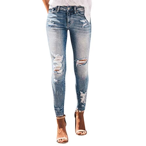 Image of Womens Capri Denim Trousers Elasticated Waist Jeans Ripped Frayed Raw Hem Cropped Jeans Distressed Cut Off Jean Shorts with Pockets Y2K Boyfriend Jean Pants Hip Hop Streetwear Trousers Blue