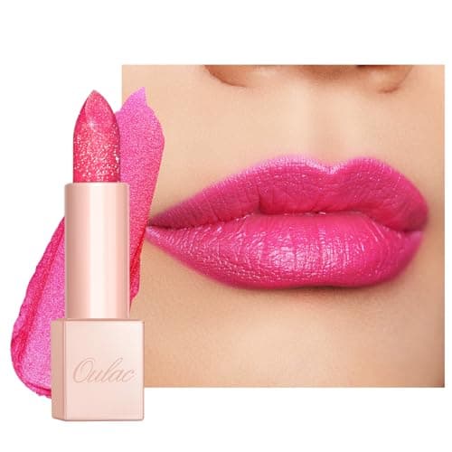 Image of Oulac Bright Pink Glitter Lipstick - Full Coverage Shimmer Lip Stick, Metallic Sparkly Finish, Dusky Rose Shiny lip Makeup, Creamy Brilliant Lip Color, Infused with Shea Butter, Vegan D09