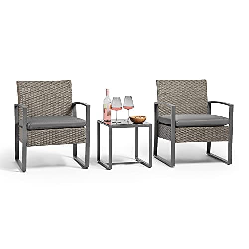 Image of VonHaus Bistro Table & Chairs Set 2 - Rattan Effect Garden Furniture Set for 2 People with Removable Cushions - Grey Woven Wicker Outdoor Furniture with Metal Frame - For Patio, Balcony, Conservatory