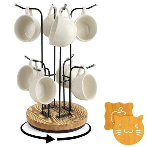 Image of Mug Tree 8 Mugs - 360° Rotating Wooden Base Mug Stand with 2 Wooden Cup Pads, Kitchen Counter Coffee Cup Holder for Storage, Mugs Storage Rack for Kitchen Coffee Bar, Funny Gifts for Friend, Family