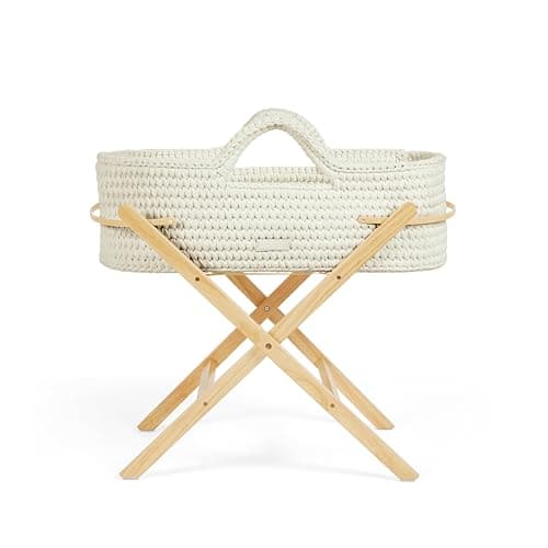 Image of Ickle Bubba Nova Crochet Moses Basket & Foldable Stand - Suitable from Birth to 9kg, Compact and Lightweight, Includes Plush Mattress, Ideal for Naps at Home or Travelling (Cloud/Pine)