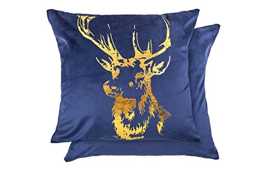 Image of Emma Barclay Velvet Stag - Soft Plush Velvet Cushion Cover with Foil Print in Navy Blue - 17x17 (43x43cm)