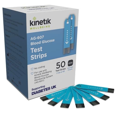 Image of Kinetik Wellbeing Blood Glucose Test Strips, Pack of 50 - Compatible with Kinetik Monitor AG-607 - Home Diabetic Glucose Strips Used by the NHS - For Blood Sugar Level Monitors & Diabetes Management