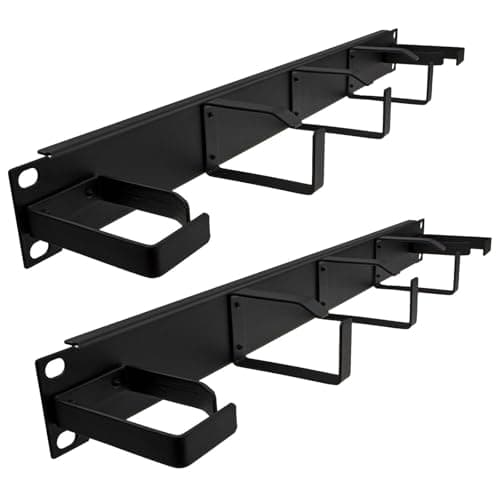 Image of kenable Ringed Cable Management Bar 1U with 3+2 Rings for 19 Inch Rack Data Cabinet Server - Black, 2 Pack