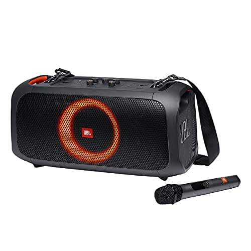 Image of JBL PartyBox On-The-Go - A Portable Karaoke Party Speaker with Wireless Microphone, 100W Power Output, IPX4 splashproof, 6 Playtime Hours, Shoulder Strap and Wireless 2 Party Speakers Pairing (Black)
