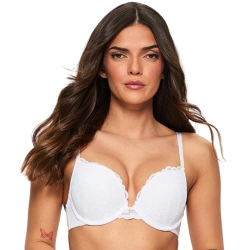 Image of Ann Summers Bridal Sexy Lace Padded Boost Bra, A-DD Cup, Curve-Enhancing Womens Underwear with Graduated Push-Up Cups, Underwire Support & Plunge Fit for Double Cleavage Boost White - Womens Lingerie