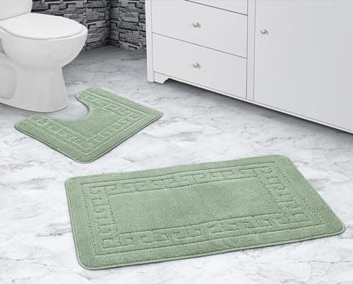 Image of La Maison Bathroom Rug Set 2 Piece Greek Key Scroll Non Slip Bath Mat and Pedestal Mat Set Quick Dry Shower Bath Super Soft Toilet Mat Set (Sage)