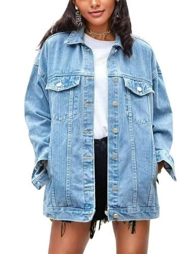 Image of Omoone Women's Oversized Denim Jacket Button Down Cotton Mid Long Biker Coat with Pockets