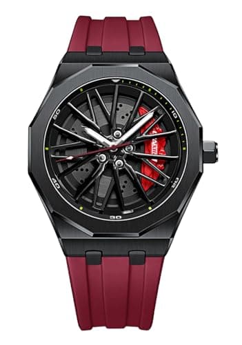 Image of Gosasa Men’s Fashion Racing Wheel Design Watch Creative 3D Spinning Car Wheel Rotating Luminous Quartz Watches 30M Waterproof Sports Wristwatch with Rubber Strap, Red, Vintage