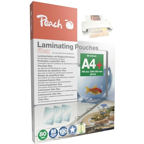 Image of Peach S-PP580-21 Laminating Pouches A4 80 mic 100 Pouches for Practical Filing in Folder Compatible with Laminators of All Brand Manufacturers