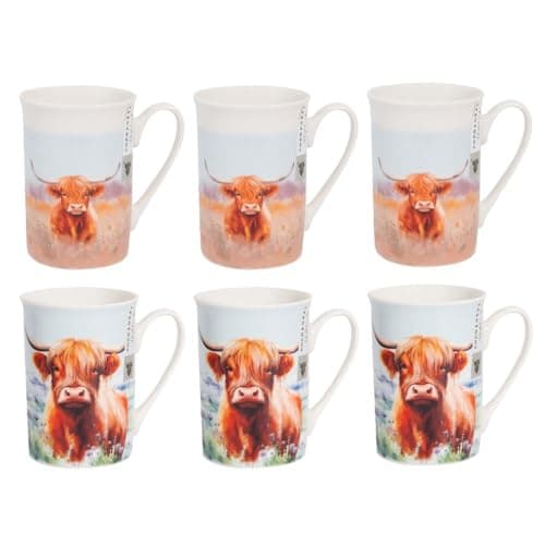 Image of Set of 6 Highland Cow Print New Bone China Coffee Mugs - 9 Ounce 280ml Tea Coffee Cups Latte Cappuccino Hot Chocolate Drinks Afternoon Tea - Home Kitchen Work Office Mug Set