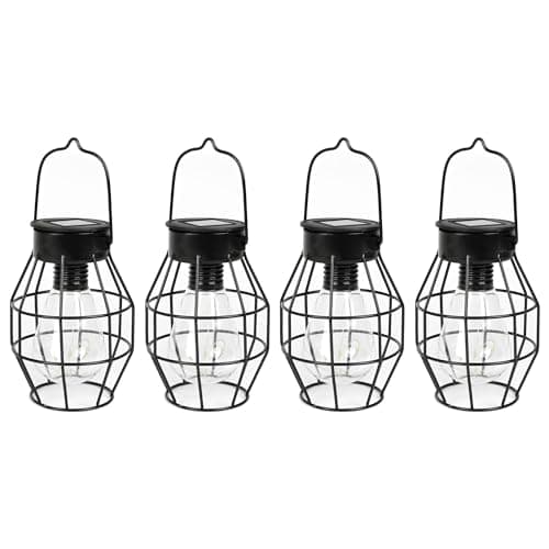 Image of Gardenwize - Timeless Solar-Powered Caged Mini Lanterns – Pack of 4, Vintage Wire Hanging LED Lights for Garden, Patio, Balcony, Outdoor Decoration