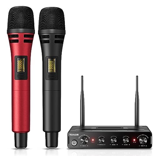 Image of TONOR TW350 Wireless Microphones for Singing,UHF Handheld Dynamic Karaoke Mics& Receiver for Devices with XLR&6.35mm Audio Interfaz, 60 m for Karaoke, Wedding, DJ, Party, Church, TW350 Black&Red