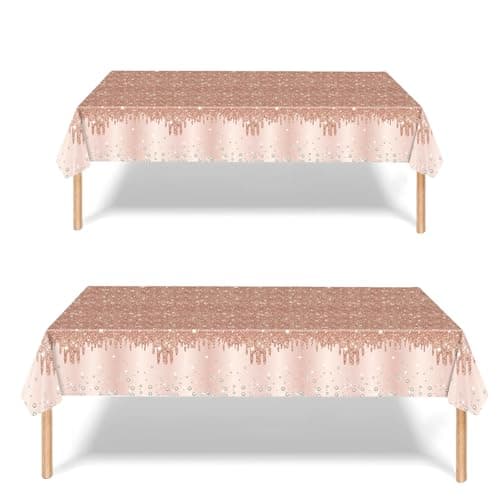 Image of 2P Rose Gold Party Plastic Table Cloth,137x274cm Shiny Glitter RoseGold Rectangular Diamond Rose Gold Party Dining Table Cover RoseGold Tablecloths for Baby Shower,Wedding,Birthday Tablecloth Décor