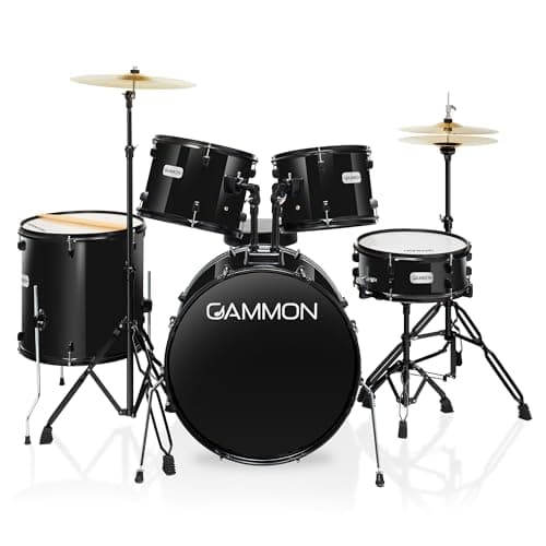 Image of Gammon Percussion Full Size Complete Adult 5-Piece Drum Set with Cymbals, Stands, Stool, and Sticks - Black