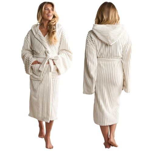 Image of OHS Ribbed Fleece Dressing Gown Womens, Mothers Day Gifts Bathrobe with Hood & Pockets Soft Warm Comfy Luxury Oversized Fluffy Ladies Dressing Gowns, Cream One Size