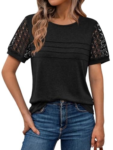 Image of Suncife Women Dressy Lace Short Sleeve Tshirt Tops Summer Business Casual T Shirt Blouse (Black,XXL)