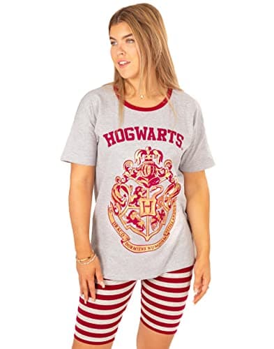 Image of Harry Potter Pyjamas For Women | Adults Crest T Shirt With Striped Cycle Shorts | Hogwarts Loungewear Merchandise Grey