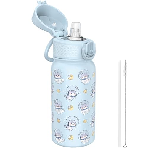 Image of GOPPUS 350ml/12oz Kids Stainless Steel Water Bottle with Straw Toddler Drinks Bottle with Handle Small Insulated Bottles School Cold Metal Flask with Flip Top Lid BPA Free (Blue Space Cat)