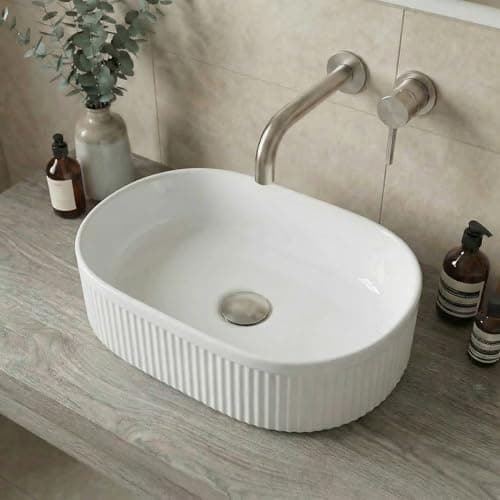 Image of BAYSTONE® Fluted Countertop Basin for Bathroom and Cloakroom Hand Wash Basins Sink Modern White Gloss Oval, 573 x 358mm