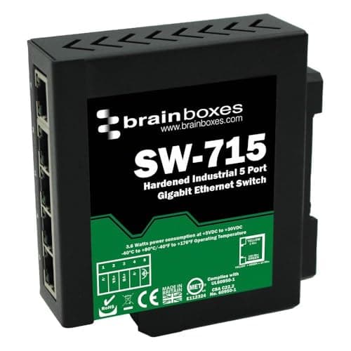 Image of Brainboxes Hardened Industrial 5 Port Gigabit Ethernet Switch DIN Rail Mountable 5 Port Gigabit 10/100/1000
