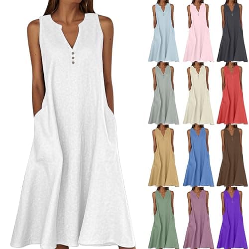 Image of Znwerma Summer Dress Summer Dresses for Women UK Cotton Linen Casual V Neck Sleeveless Maxi Dress Solid Button Up Loose Holiday Beach Sundresses with Pockets White L