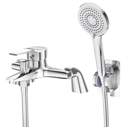 Image of CURUK Bath Taps with Shower Attachment, Solid Brass Deck Mounted Mixer, 5 Mode Shower Head and Hose Set, Chrome Bath Shower Mixer Tap for Bathtub Fitting G3/4'' - Silver