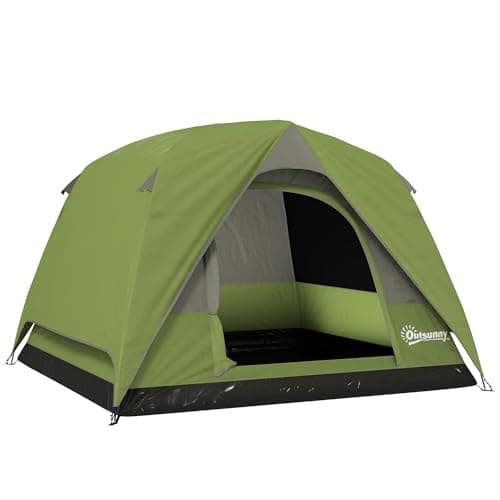 Image of Outsunny 3-4 Person Camping Tent, Easy Set Up Waterproof Dome Tent with Sewn-in Groundsheet, Mesh Windows, Pocket and Hook for Camping, Hiking, Backpacking, Olive Green and Grey