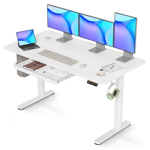 Image of Claiks Standing Desk with Drawer, 140x60cm Electric Height Adjustable Desk with 3 Memory Presets, Ergonomic Home Office Desk with Storage & Cable Management, White