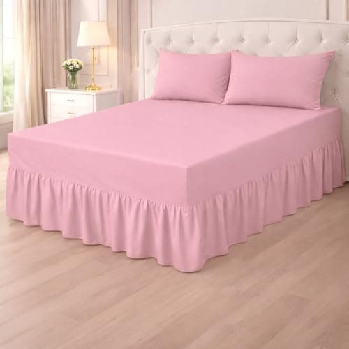 Image of Plain Poly cotton Extra Deep Frilled Valance Fitted Sheets, Easy Case Fitted Valance Sheets in 14 Attractive Colors, Percale Quality Fitted Valance Sheet (Pink, Double)