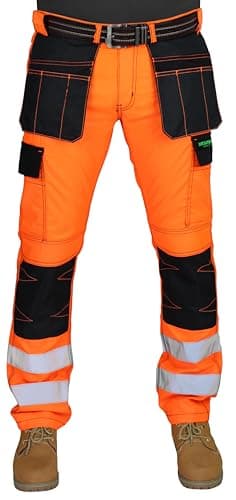 Image of HASHOOB TRADING FZE Men’s Hi Vis Work Trousers Three Stitch Cargo Knee Pad Pocket Holster Pocket Workwear Pants (OSTSIX-OR1, 32W X 34L) Orange