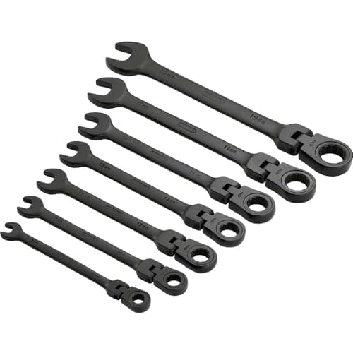 Image of Draper 7 Piece Flexible Head Combination Spanner Set - 15087 - Ratcheting Metric Tool Kit, Black