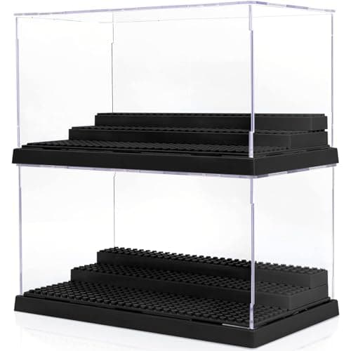 Image of Mlikero 2 Pack Minifigure Display Case for Action Figures Blocks, Clear Dustproof Acrylic Display Box Storage with 3 Movable Steps Gifts for Children (Black)