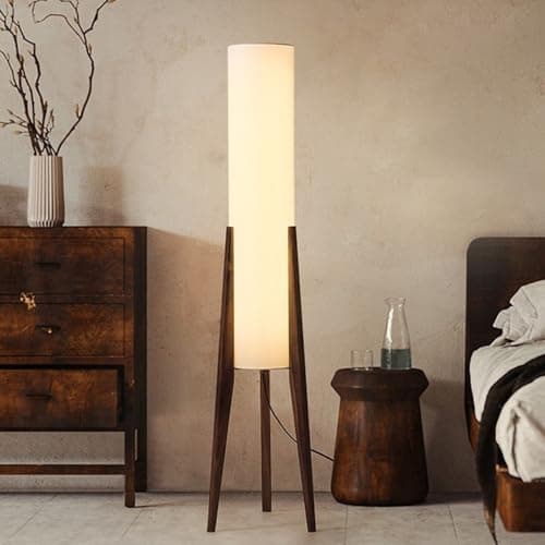 Image of KlkrzJwy Wabi-sabi 50.4" Wooden Tripod Floor Lamp Linen Floor Light Round Fabric Tall Lamp with E26 Dimmable Wood Standing Light for Living Room Bedroom Study Sofa Area Tea Room