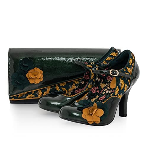 Image of Ruby Shoo Quinn Mary Jane High Heel Patent Shoes Forest Green & Matching Perth Bag UK 4