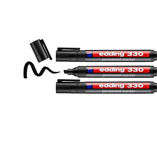 Image of edding 330 permanent marker - black - 3 pens - chisel nib 1-5 mm - waterproof, quick-drying, smear-proof pens - for cardboard, plastic, glass, wood, metal and fabric