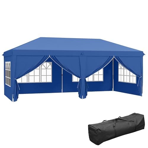 Image of Outsunny 3 x 6 m Garden Pop Up Gazebo, Wedding Party Tent Marquee, Water Resistant Awning Canopy with Sidewalls, Windows, Carry Bag, Blue