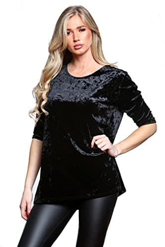 Image of H&F Women Ladies ¾ Sleeve Crush Velvet V Neck T Shirt Stretch Top Sizes 14-28 (Black, 14)
