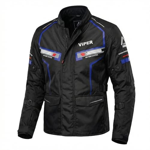 Image of ViPER Speed 10 Textile Motorcycle Jacket Lightweight Summer Motorbike Jacket High Visibility Breathable & Waterproof Bike Rider Sports Racing (UK, Alpha, L, Regular, Regular, Black/Blue)