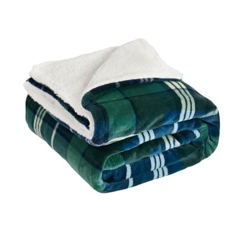 Image of OHS Throw Blanket Fleece, Hudson Check Throws with Sherpa Reverse Ultra Soft Warm Green Throws for Bed Sofa Christmas Blanket Living Room Bedroom - Green, 130 x 160cm