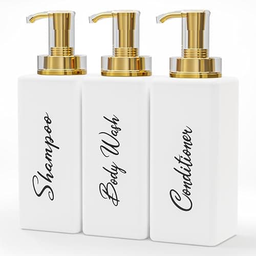 Image of Akalin Refillable Shampoo and Conditioner Bottles, 16oz White and Gold Soap Dispenser Bathroom, Shampoo and Conditioner Dispenser for Bathroom Lotion Body Wash Massage Oils (White)