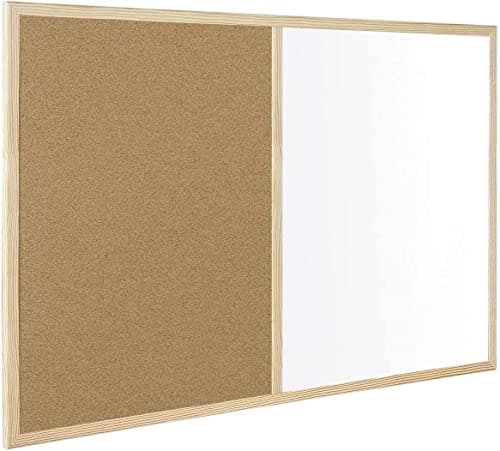 Image of KAV - White Board and Cork Board (2 in 1) with Wooden Frame | Notice Boards Wall Mounted & Dry Erase Office Memo School Home (300x 400)