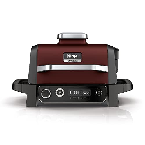 Image of Ninja Woodfire Electric Outdoor BBQ Grill, Smoker and Air Fryer with Pellets and Digital Probe, 5 Skewers, 7 Functions; Grill, Smoke, Air Fry, Roast and more, Red/Black, Amazon Exclusive OG751UKAMZ