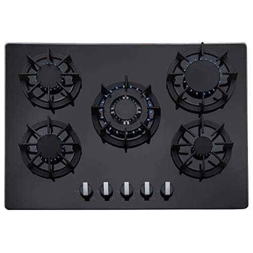 Image of SIA UBR8 70cm Premium 5 Burner Black Glass Gas Hob With Cast Iron Pan Stands, Wok Burner, Flame Failure Safety Device & LPG Kit