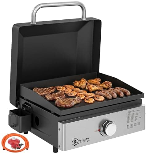 Image of Outsunny Grill Griddle, Portable Gas Plancha, 3.5 kW, Tabletop Gas BBQ with Grease Cup for Camping Picnic Patios, Black