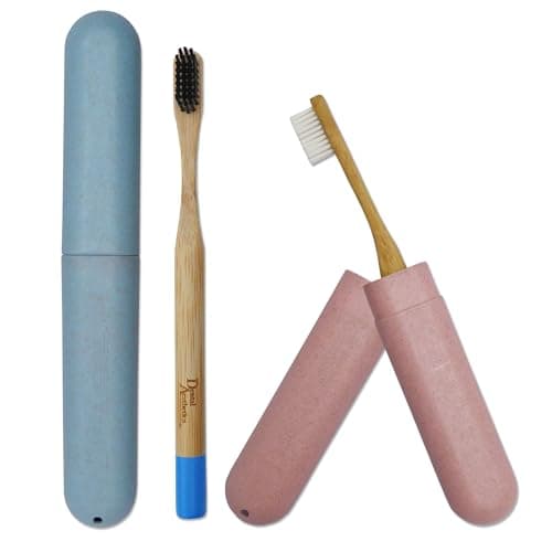 Image of 2 Wheatstraw Toothbrush Cases & 2 Bamboo Toothbrushes ~ Bulk Pack Medium Bristles (Blue & Pink)