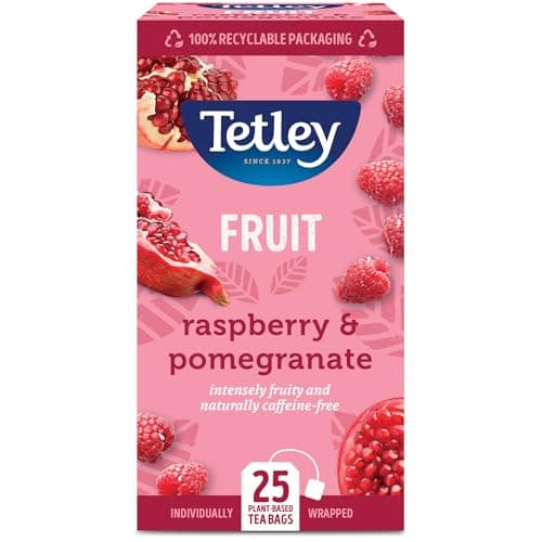 Image of Tetley Raspberry & Pomegranate Tea Bags - Naturally Caffeine-Free - Juicy & Refreshing Fruit Infusion - Perfect for Any Time of Day - Rainforest Alliance Certified - 25 Individually Wrapped Teabags