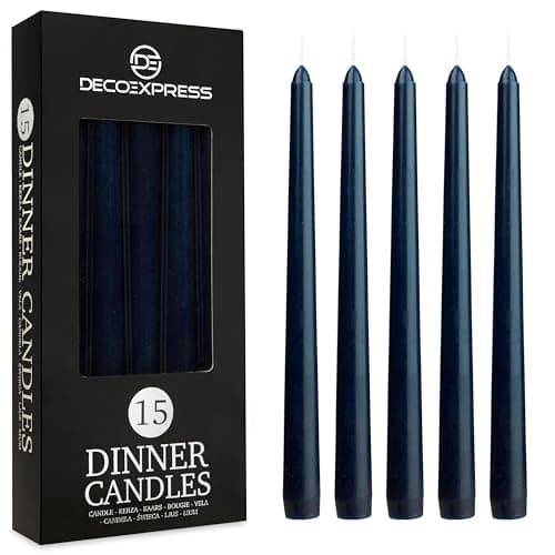 Image of DECO EXPRESS Candles Set, Pack of 15 Classic Dripless Tapered Metallic Dinner Candles, Unscented with 8 Hours Burning Time, Home, Valentine’s Day & Mother’s Day Decor Idea (Navy, 15 Pack)
