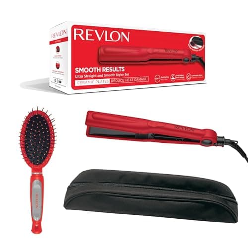 Image of REVLON Ultra Straight and Smooth Styler Set (200°C Fast Styler with Ceramic Plates Gift Set with Brush and Storage Pouch) RVST2176GP