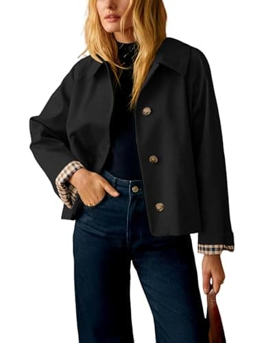 Image of FSVABY Womens Short Plaid Trench Coat Lapel Button Down Jacket with Pocket, Black, M
